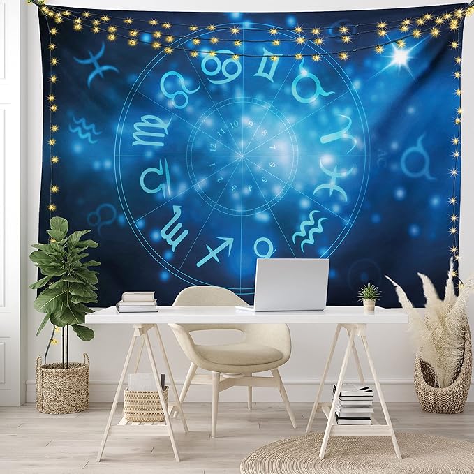 Ambesonne Astrology Tapestry King Size, Abstract Horoscope Wheel with Signs Aquarius Lion Taurus Libra, Wall Hanging Bedspread Bed Cover Wall Decor, King Size, Navy Blue Sky Blue