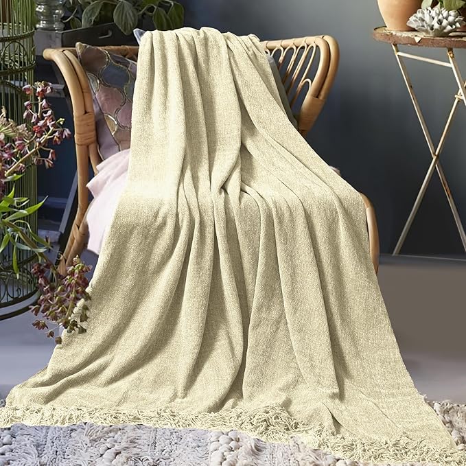 Chenille Throw Blanket for Couch 50"X 60", Soft Cozy Throws with Fringe Tassel for Bed Sofa Chair Cover, Lightweight Knitted Decorative Boho Blankets for Living Room, Light Beige