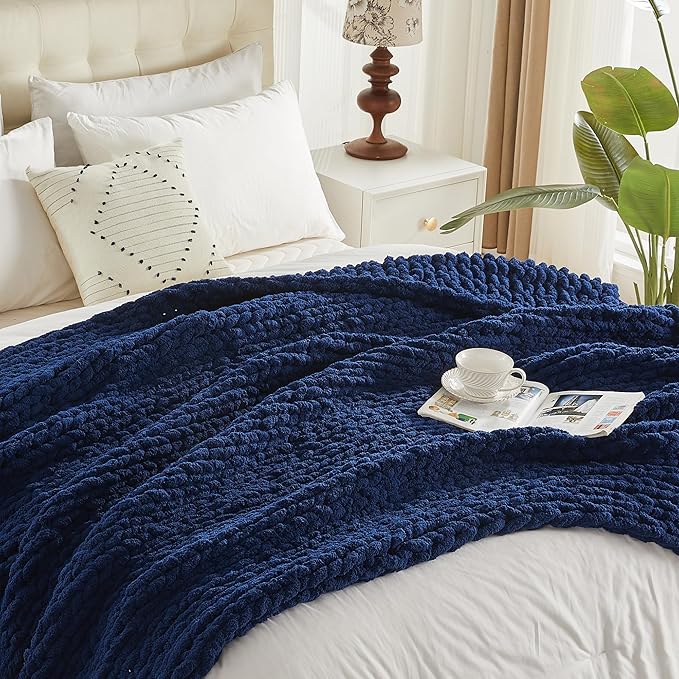 Carriediosa Chunky Knit Throw Blanket 60" X 80" Twin, 100% Hand Made Large Chenille Loop Yarn Soft Fluffy Throws for Couch Sofa Bed, Big Crochet Cozy Heavy Thick Cable Woven Blankets, Navy Blue