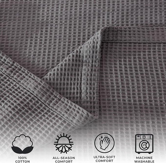 100% Cotton Waffle Weave Lightweight Summer Bed Blanket - Full Queen Size - 90x90in Prewashed Breathable, Woven, Layering Blanket (Dark Grey)