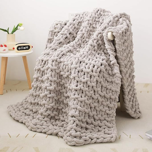Knit Blanket 50"x60" Light Grey Cream Soft Washable Chenille Throw Blanket Cozy 100% Handmade Crochet Blankets with Jumbo Chenille Yarn for Couch Bed Sofa Room Decor