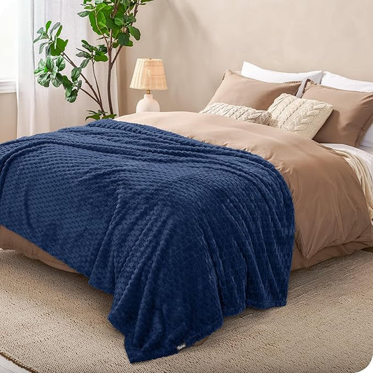 Bare Home Textured Fleece Microplush Blanket - King - Lightweight Throw for Bed, Sofa, Couch, Movie Night, Camping, and Travel - Ultra Soft Warm Blanket (King, Waffle Dark Blue)