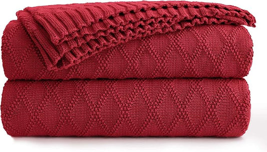 Longhui bedding Cotton Wine Red Cable Knit Throw Blanket for Couch Chairs Bed Beach, Home Decorative Knitted Blanket, 50 x 60 Inch with a Washing Bag,Silk Bow Tie Package