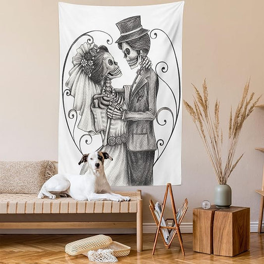 Ambesonne Day of the Dead Tapestry, Love Skull Skeleton Marriage Eternal Love Theme Spanish Art, Wall Hanging for Bedroom Living Room Dorm Decor, 60" X 80", Dimgrey White