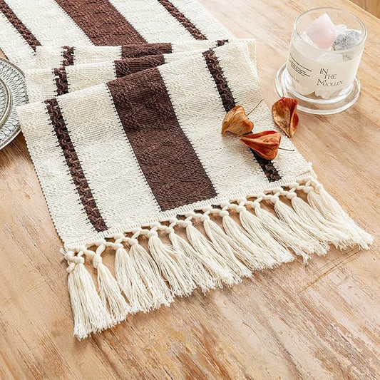 Fancy Homi Brown Table Runner 48 Inches Long Boho Macrame Table Runner for Home Decor, Farmhouse Table Runners with Tassels for Party Bohemian Rustic Bridal Shower Dining Decor 12x48 Inches