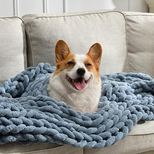 Soft Chunky Knit Blanket, 60X80 in Handmade Thick Chenille Yarn Throw Without Shedding & Raveling, Aesthetic & Cozy Home Decor with Couch Sofa Bed, Gift Pack, Airy Blue