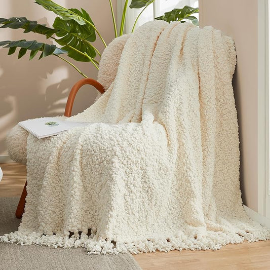 Amélie Home Knit Throw Blanket with Tassels for Couch, Luxury Boho Throw Blanket for Summer Ivory, 60"x80"