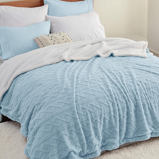 Bedsure Sherpa Queen Size Blanket for Bed - Fleece Soft Cozy Fuzzy Cable Blankets for Women, Thick Warm for Winter and All Seasons, Blue, 90x90 Inches