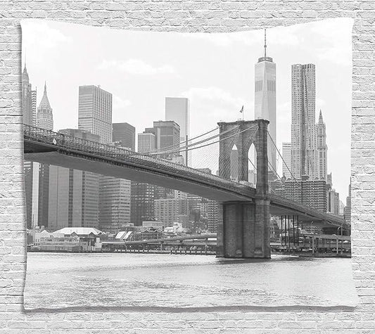 Ambesonne Landscape Tapestry, Photo of Brooklyn Bridge over East River and Tall Buildings Skylines at the Back, Wide Wall Hanging for Bedroom Living Room Dorm, 60" X 40", Purple Green