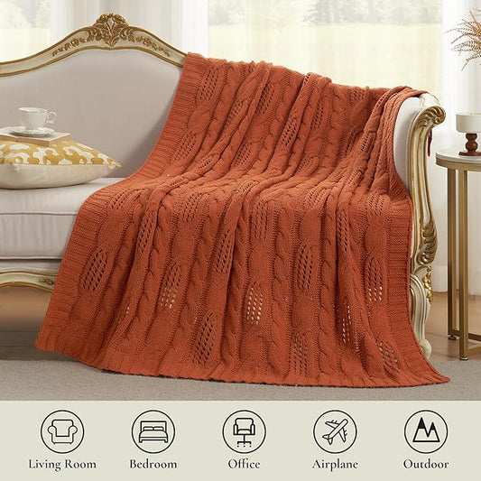 Amélie Home Chunky Knit Chenille Throw Blanket, Breathable Cable Knitted Blanket for Couch, Farmhouse Decorative Throw for Sofa Chair Bed, 60"x80", Burnt Orange