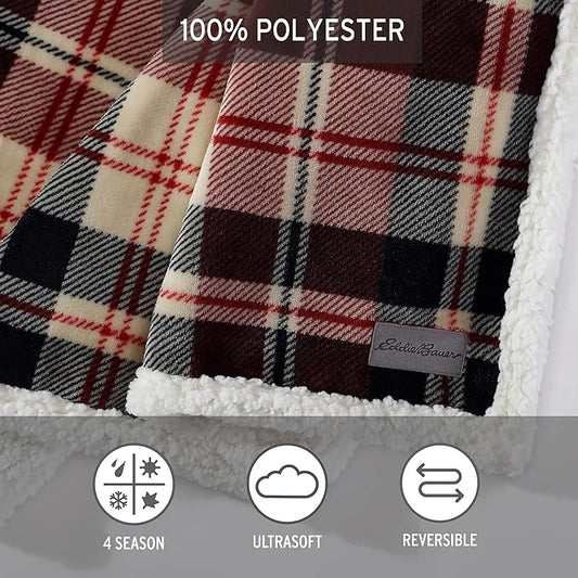 Eddie Bauer - Blanket, Super Soft Reversible Sherpa & Brushed Fleece Bedding, Throw Blankets for Couch, Ideal for Lounging (Trailhead Plaid Red)