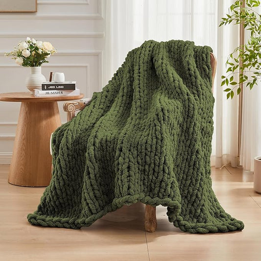 Carriediosa Chunky Knit Throw Blanket 60" X 80" Twin, 100% Hand Made Large Chenille Loop Yarn Soft Fluffy Throws for Couch Sofa Bed, Big Crochet Cozy Heavy Thick Cable Woven Blankets, Olive Green