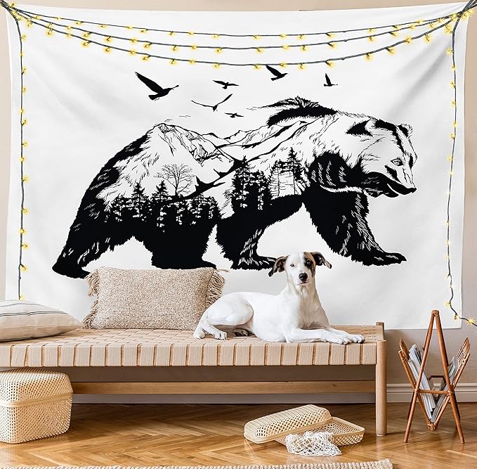Ambesonne Bear Tapestry, Mammal Silhouette Mountain Landscape Flying Birds and Forest Wildlife Design, Fabric Wall Hanging Decor for Bedroom Living Room Dorm, 23" X 28", White Charcoal