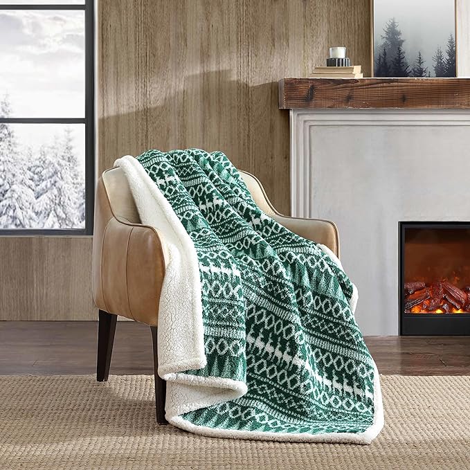 Eddie Bauer - Blanket, Super Soft Reversible Sherpa & Brushed Fleece Bedding, Throw Blankets for Couch, Ideal for Lounging (Alpine Fair Isle Green)
