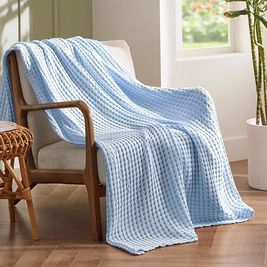 Bedsure Cooling Cotton Waffle Weave Throw Blanket - Lightweight Breathable Blanket of Rayon Derived from Bamboo for Hot Sleepers, Luxury Throws for Bed, Couch and Sofa, Blue, 50x70 Inches