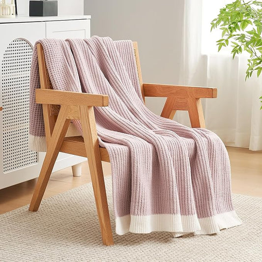 Amélie Home Chenille Waffle Throw Blanket for Couch, Reversible Soft Cozy Knit Blanket Lightweight Warm Decorative Throw for Sofa, Bed, Living Room, 50"x60", Pink