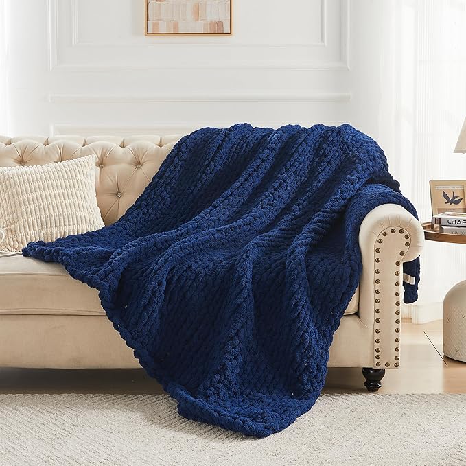 Carriediosa Chunky Knit Throw Blanket 60" X 80" Twin, 100% Hand Made Large Chenille Loop Yarn Soft Fluffy Throws for Couch Sofa Bed, Big Crochet Cozy Heavy Thick Cable Woven Blankets, Navy Blue