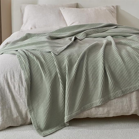 100% Cotton Blanket for Full Queen Size Bed - Green Waffle Weave Lightweight Summer Bed Blanket - 90x90in Prewashed Breathable, Woven, Layering Blanket (Full/Queen, Eucalyptus)