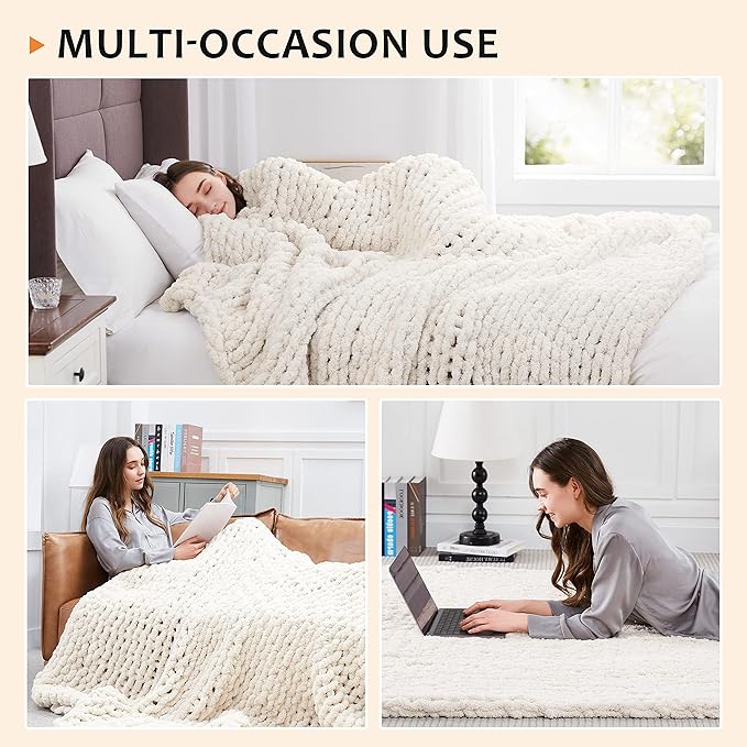 L'AGRATY Chunky Knit Blanket Throw: 72''x84'' Chenille Chunky Knitted Throw Blanket for Bed Couch - Handmade Thick Big Cable Knit Blanket - Large Chunky Crochet Rope Blanket for Home Decor(Ivory)