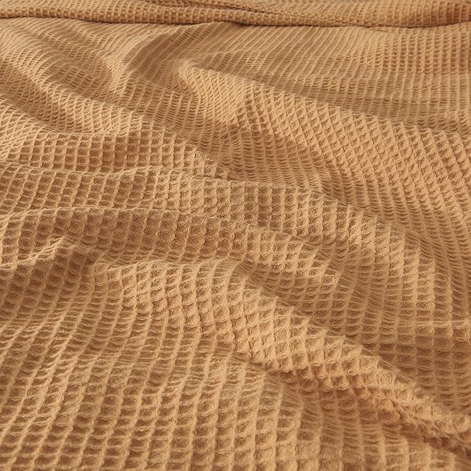 100% Cotton Waffle Weave Lightweight Summer Bed Blanket - Yellow, 90x90in Prewashed Breathable, Woven, Layering Blanket for Full/Queen Size Bed