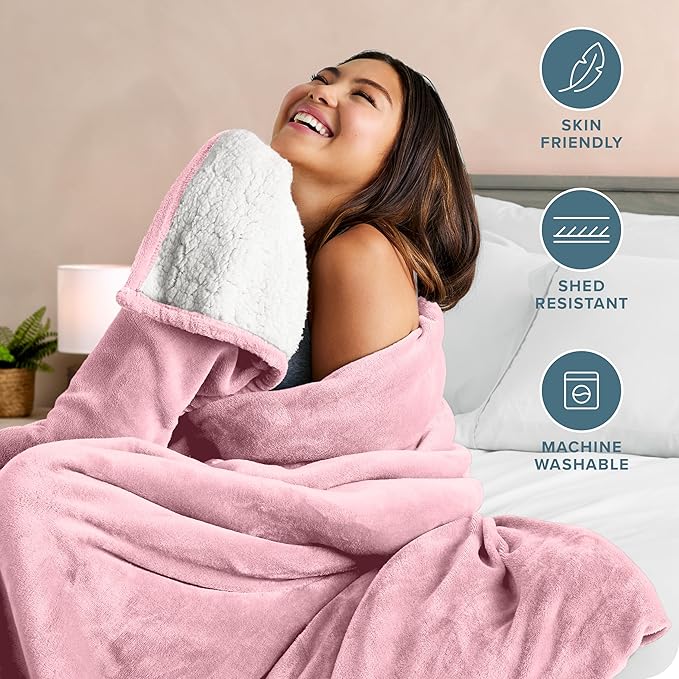 Bare Home Sherpa Fleece Blanket - Twin/Twin Extra Long - Blanket for Bed, Sofa, and Couch - Warm & Lightweight - Fluffy & Soft - Reversible (Twin/Twin XL, Light Pink)