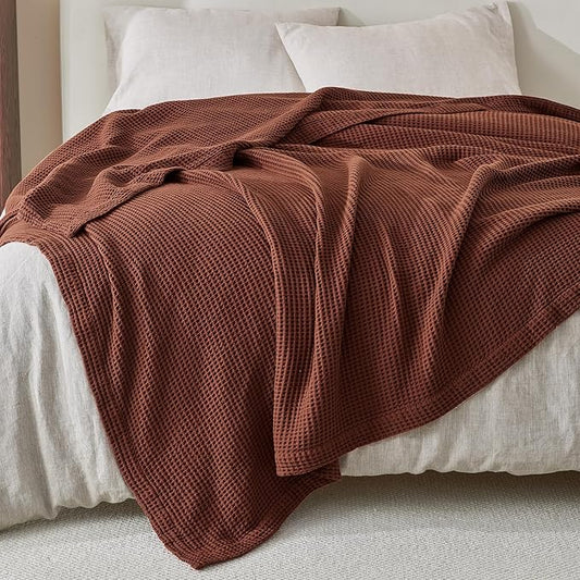 100% Cotton Blanket for Full Queen Size Bed - Brown Waffle Weave Lightweight Summer Bed Blanket - 90x90in Prewashed Breathable, Woven, Layering Blanket (Full/Queen, Cacao Brown)