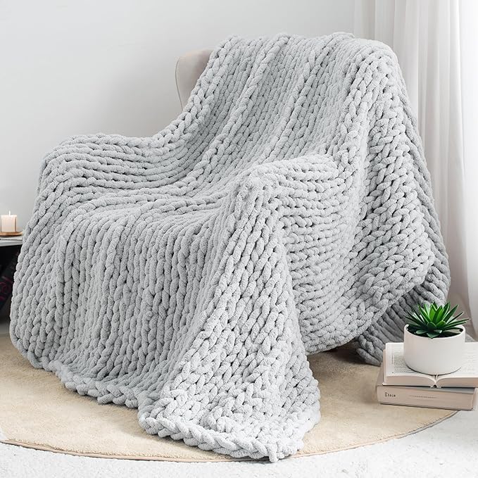 Chunky Knit Throw Blanket 60"X 80", 100% Handmade with Soft Chenille Yarn, 4.4lbs Thick Cable Knitted Blankets, Large Rope Knot Crochet Throws for Couch Sofa Bed Home Decor, Light Grey