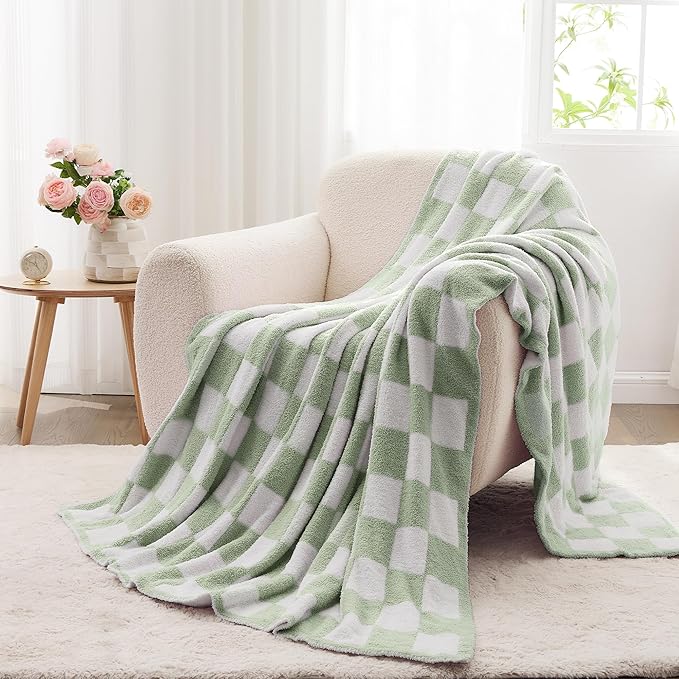 JOOJA Soft Blanket Cozy Checkerboard Sage Bed Blanket Fluffy Knit Throw Blanket Queen Size Plaid Checkered Blanket Sage 90x90 in