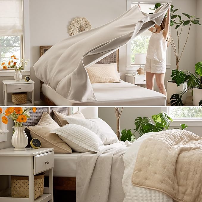 Bedsure 100% Cotton Blanket King Size for Bed - Breathable and Lightweight, Soft Cozy Textured Herringbone Woven Blanket for Summer Spring, Linen Beige, 108x90 inches