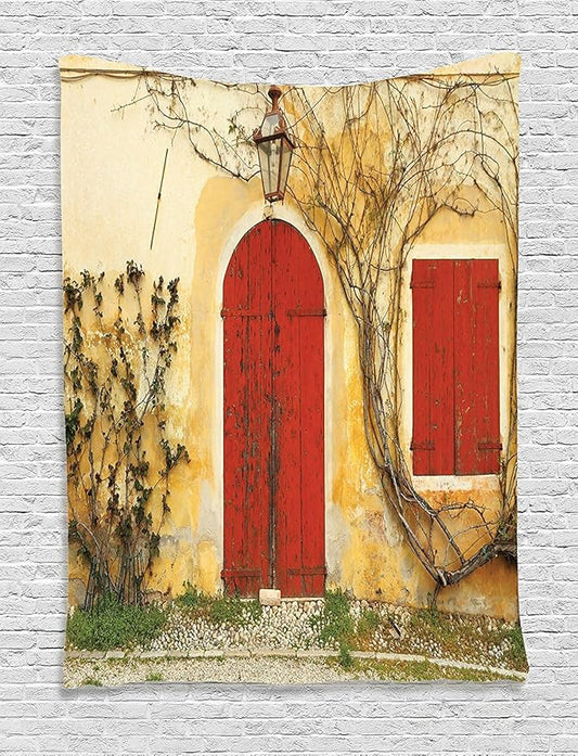 Ambesonne Shutters Tapestry, Doorway with Blinded Door and Window to the Rural Tuscan House Italy Art, Wall Hanging for Bedroom Living Room Dorm Decor, 60" X 80", Yellow Beige Red