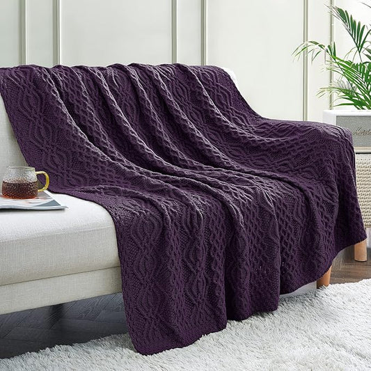 Aormenzy Purple Cable Knit Throw Blanket, Soft & Warm Knitted Blanket Throw for Couch Bed Sofa Living Room, 50 x 60 Inch