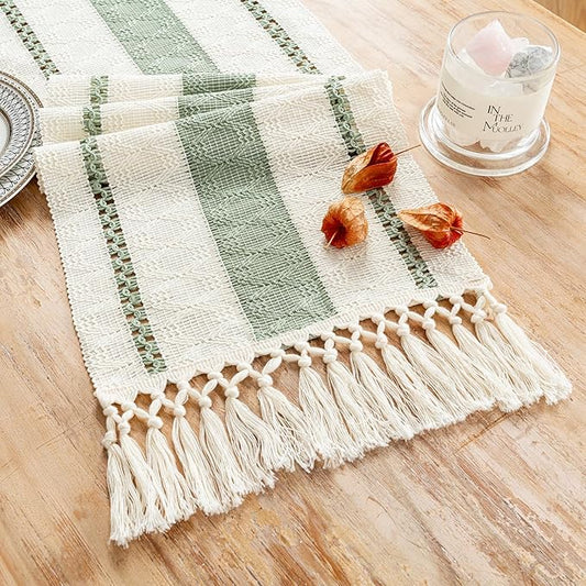 Fancy Homi Sage Green Table Runner 60 Inches Long Boho Macrame Table Runner for Home Decor, Farmhouse Table Runners with Tassels for Party Bohemian Rustic Bridal Shower Dining Decor 12x60 Inches