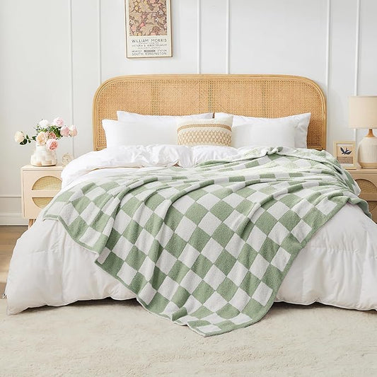 JOOJA Soft Blanket Cozy Checkerboard Sage Bed Blanket Fluffy Knit Throw Blanket Queen Size Plaid Checkered Blanket Sage 90x90 in