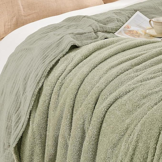 EMME Muslin Cotton Fleece Twin Blanket Reversible - 60"*80" Sage Green Soft Warm Throw Blankets for Couch Bed Picnic Travel Bed