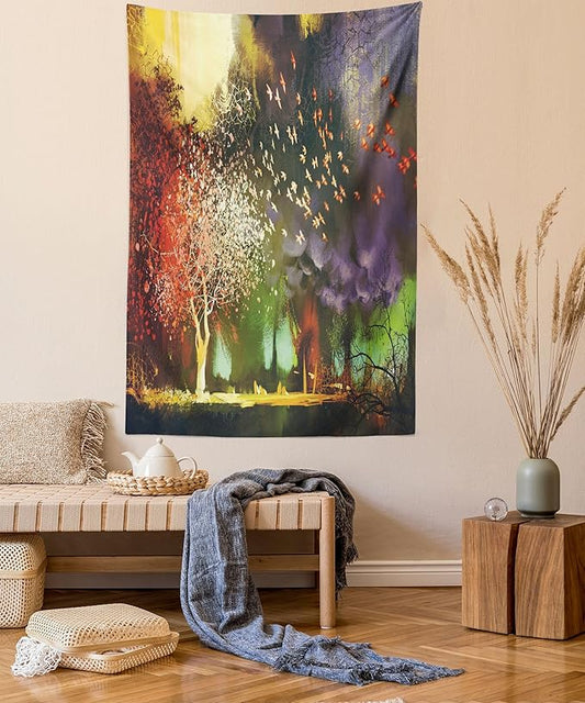 Ambesonne Fantasy Tapestry, Forest with Mysterious Trees and Birds Supernatural Vivid Wonder World, Fabric Wall Hanging Decor for Bedroom Living Room Dorm, 30" X 45", Yellow Purple