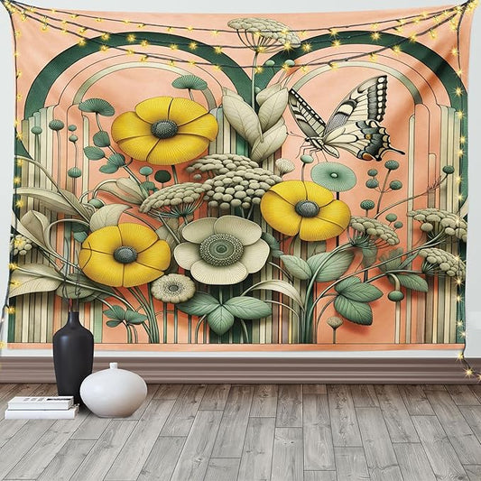 Ambesonne Boho Tapestry, Springtime Greenery with Boho Vibes Moth on Coral Tone Back Curving Stripes, Wide Wall Hanging for Bedroom Living Room Dorm, 80" X 60", Salmon Reseda Green