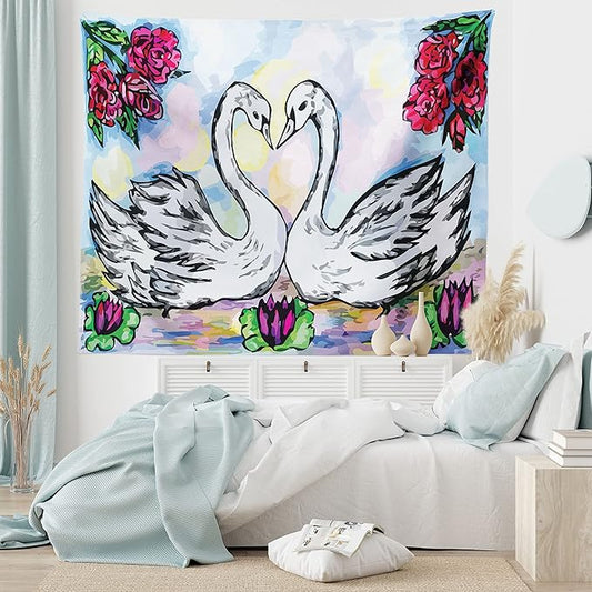 Ambesonne Swan Tapestry, Grunge Style Sketch Image of Lover White Swan Partners in Pond Lily Flowers Red Roses, Fabric Wall Hanging Decor for Bedroom Living Room Dorm, 45" X 30", Soft Blue Red