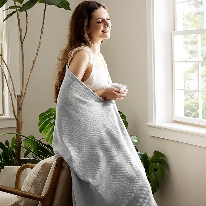 Bedsure 100% Cotton Blanket Twin XL Size for Bed - Breathable and Lightweight, Soft Cozy Textured Herringbone Woven Blanket for Summer Spring, Grey, 66x90 inches