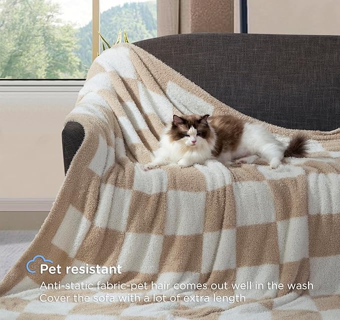 Oversized King Blanket for Couch - Super Soft Extra Large Blankets for Bed， Fluffy Fuzzy Plush Lightweight Cozy Throw，120" x 120",Brown Checkered