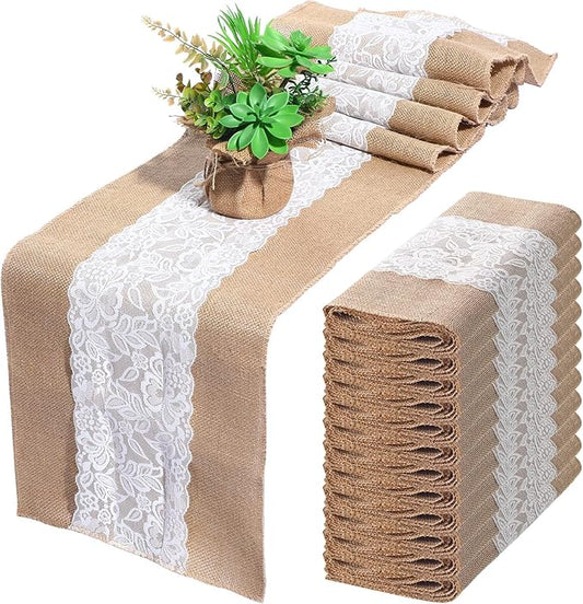 Chumia 12 Pcs 12 x 108 Inch Wedding Burlap Table Runners with White Lace Rustic Runner Decor Vintage Romantic Table Cloth Party Favors for Engagement Birthday Hotel Home Decor(Stylish Style)