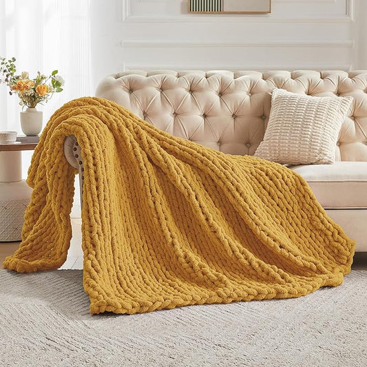 Carriediosa Chunky Knit Throw Blanket 60" X 80" Twin, 100% Hand Made Large Chenille Loop Yarn Soft Fluffy Throws for Couch Sofa Bed, Big Crochet Cozy Heavy Thick Cable Woven Blanket, Yellow