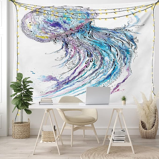 Ambesonne Jellyfish Tapestry, Aqua Colors Art Ocean Animal Print Sketch Style Creative Sea Marine Theme, Wide Wall Hanging for Bedroom Living Room Dorm, 80" X 60", Blue Purple White