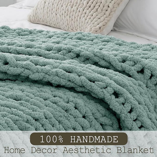 Chunky Knit Throw Blanket 60"X 80", 100% Handmade with Soft Chenille Yarn, 6.7lbs Thick Cable Knitted Blankets, Large Rope Knot Crochet Throws for Couch Sofa Bed Home Decor, Sage Green