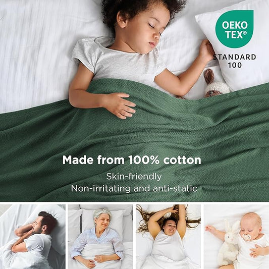 Bedsure 100% Cotton Blanket Twin XL Size for Bed - Breathable and Lightweight, Soft Cozy Textured Herringbone Woven Blanket for Summer Spring, Dark Green, 66x90 inches