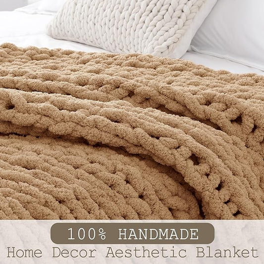 Chunky Knit Throw Blanket 50"X 60", 100% Handmade with Soft Chenille Yarn, 4.4lbs Thick Cable Knitted Blankets, Large Rope Knot Crochet Throws for Couch Sofa Bed Home Decor, Tan Brown