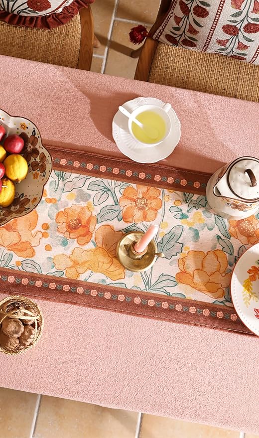 Designer Vintage Floral Printed Table Runner,French Soft Linen Farmhouse Table Runners 87 Inches Long,Italian Decor Tabletop for Kitchen,Dining,Party,Home,Christmas,12"*87"