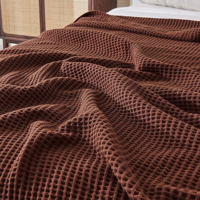 100% Cotton Blanket for Full Queen Size Bed - Brown Waffle Weave Lightweight Summer Bed Blanket - 90x90in Prewashed Breathable, Woven, Layering Blanket (Full/Queen, Cacao Brown)