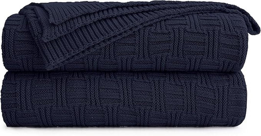 Longhui bedding Cotton Navy Cable Knit Throw Blanket for Couch Chairs Bed Beach, Home Decorative Grey Knitted Blanket, 50 x 60 Inch with a Washing Bag,Silk Bow Tie Package