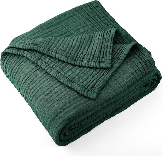 Carriediosa 100% Cotton Muslin Throw Blanket 70" X 80" Twin Size，4-Layers Summer Gauze Throws for Bed Couch，Soft Lightweight Breathable Linen Blankets Bedspread for Adults All Season，Dark Green