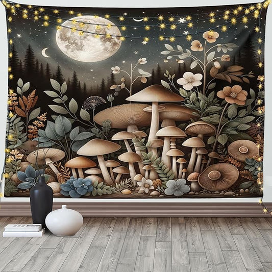Ambesonne Aesthetic Tapestry, Night Forest Scene with Boho Nature Mushroom Leaves Stars and Full Moon, Wide Wall Hanging for Bedroom Living Room Dorm, 60" X 40", Sepia and Grey Teal